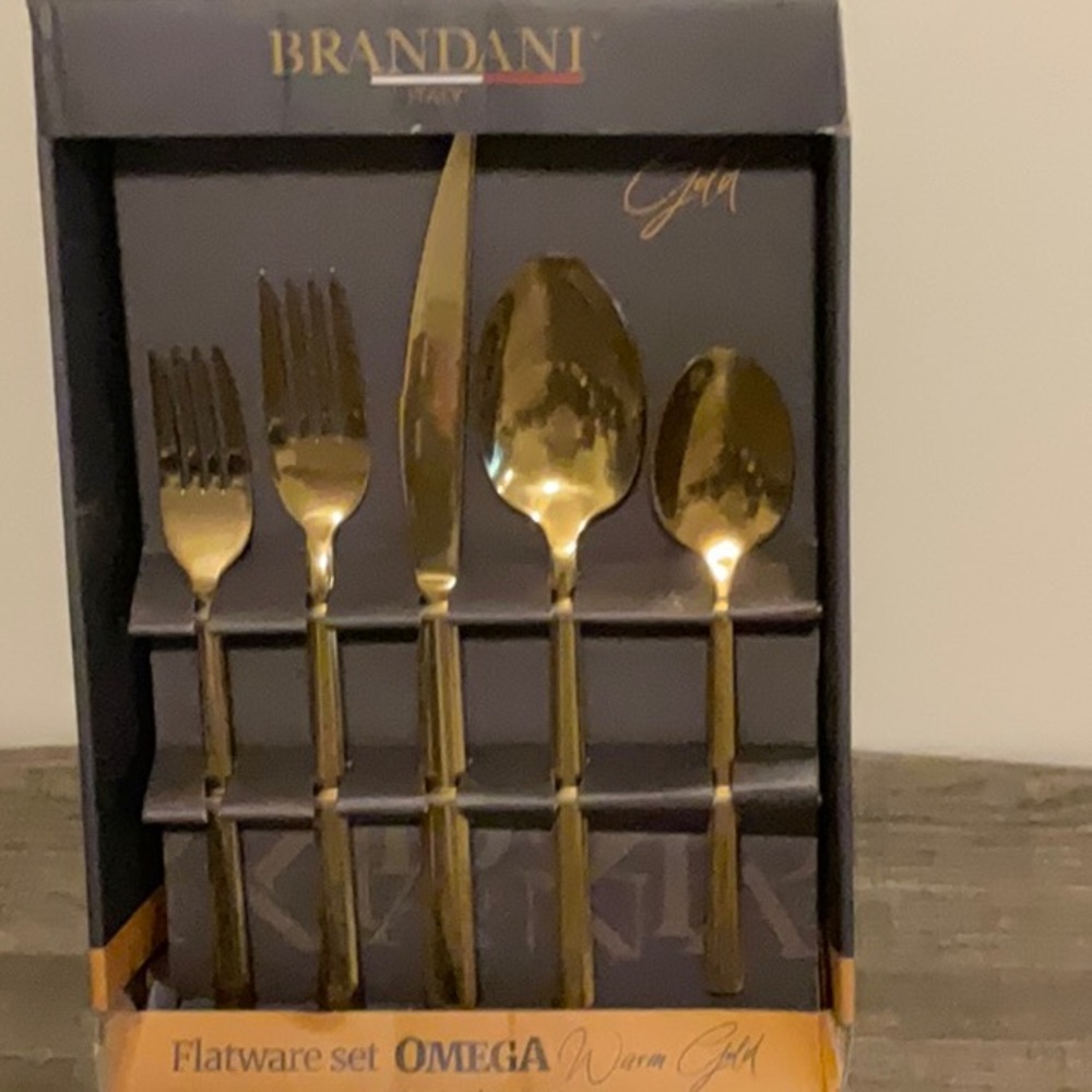 BRANDANI HOTEL COLLECTION WARM GOLD OMEGA 20pc.STAINLESS STEEL FLATWARE NIB